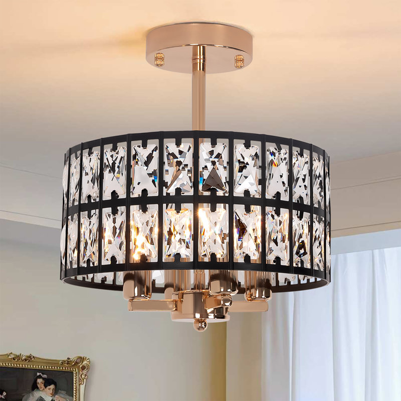 Hasibah 4-Light 11.22"  Crystal Semi Flush Mount, Black/Gold