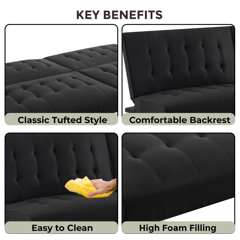 Dacy Twin 68.5" Wide Tufted Back Convertible Sofa, Black 100% Linen