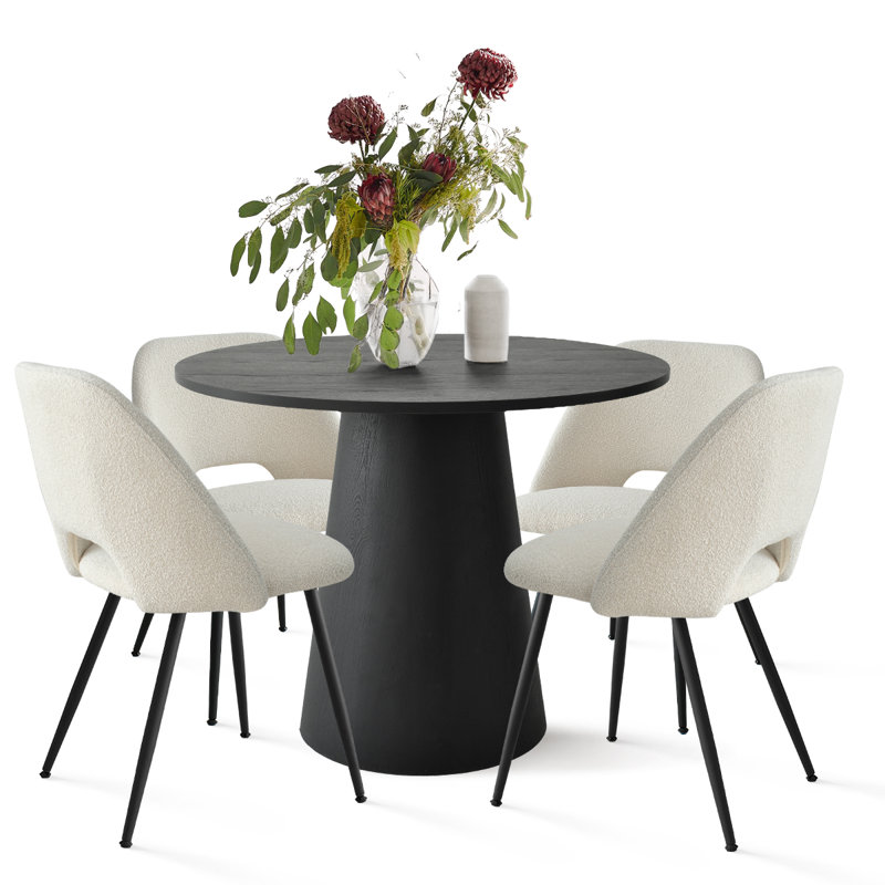 Caetano 4-Person Solid and Pedestal Dining Set, Ivory, Black