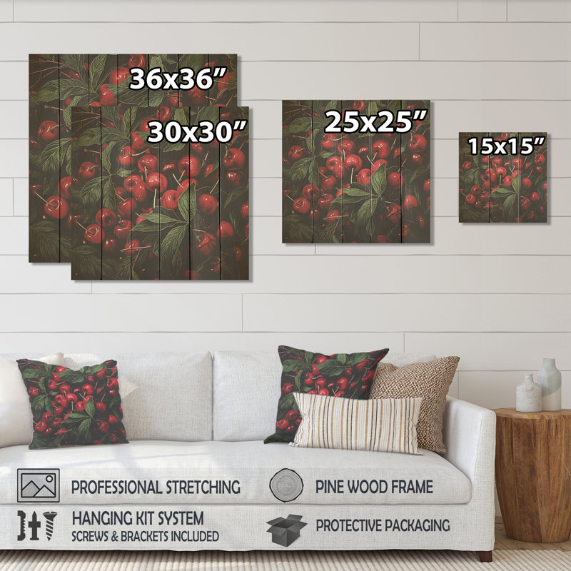 Red Cherry Tree Explosion 5 - Cerisier sur bois, H 15 po x l 15 po