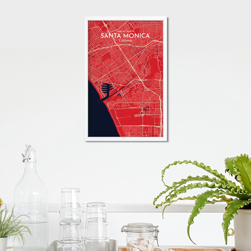 Santa Monica, carte de la ville, impression, H 17 po x l 11 po, Rouge / bleu marine
