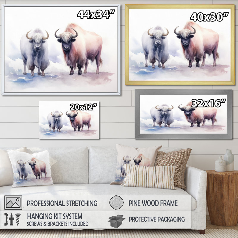 Yak domestique I - animaux, art mural sur toile, H 30 po x l 40 po x P 1,5 po, Cadre simple argenté