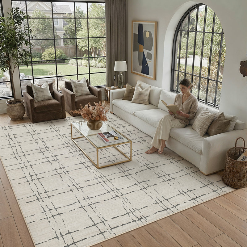 Kaleb Checkered Washable Beige Area Rugs With Non-Slip Backing, Rectangle 9' x 12'