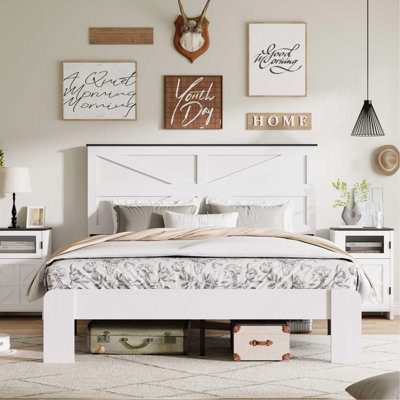 Full Size Wood Platform Bed Frame with Headboard, Large Under-Bed Storage, Noise-Free, No Box Spring, White