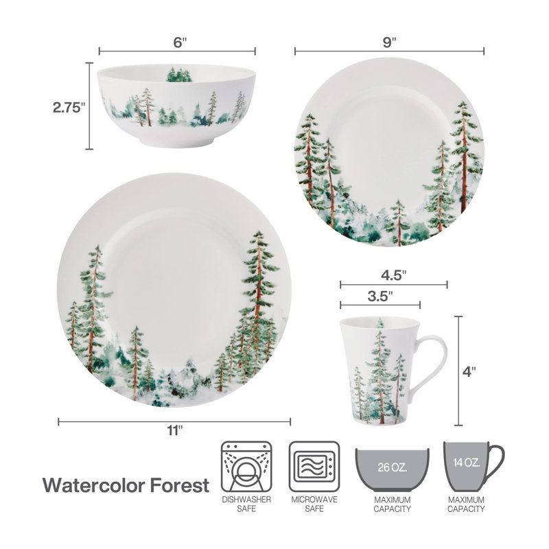 Watercolor Forest White Porcelain 16-Piece Dinnerware Set, Service for 4