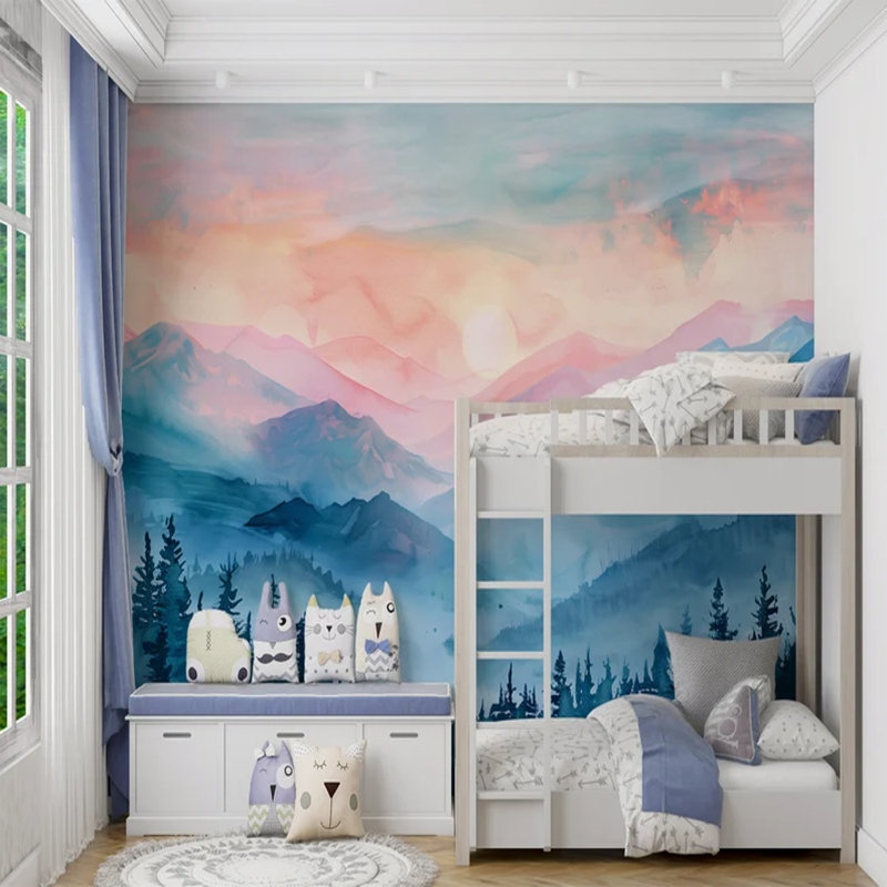 Paysage de lever de soleil à l'aquarelle tranquille, L 96 po x l 108 po