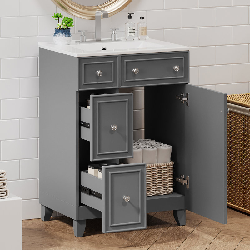 Meuble-lavabo de salle de bain bien conçu avec lavabo en céramique, plusieurs options de rangement, fermeture en douceur et facilité de plomberie