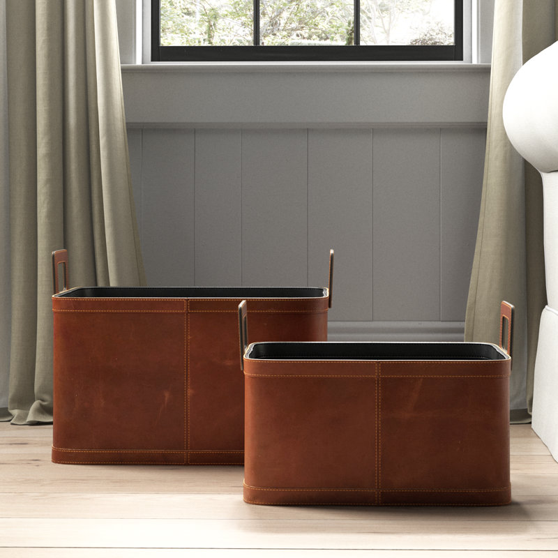 Brown Leather Handmade Storage Basket with Handles, Set of 2