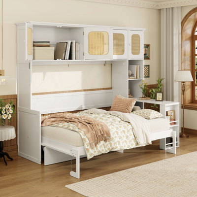 Full Murphy Bed with Desk and Rattan Cabinets, Space-Saving Wall Bed for Home Office, Warm White