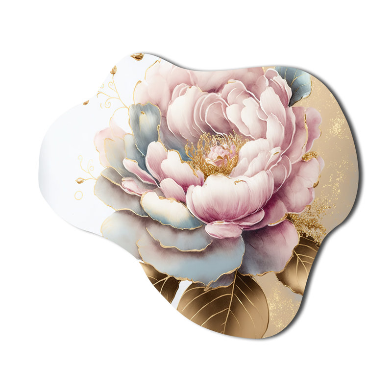 «Rose and Gold Camellia Flower I» - Art mural en métal camélia asymétrique, reproduction murale de sculpture en métal