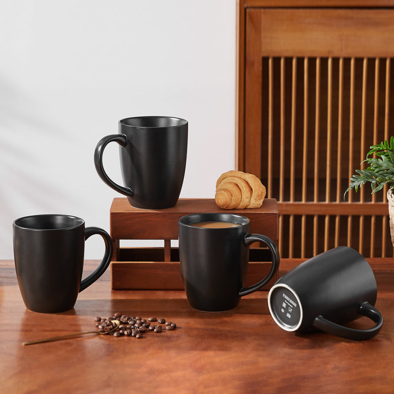 Ensemble de tasses 4 pièces noir mat moderne, 4 tasses à café en grès épuré 14 oz, va au lave-vaisselle, Verre à whisky, Noir