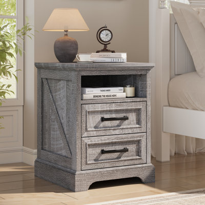 24'' Tall Farmhouse End Table With Built-In Outlets, Wood Side Table With 2 Drawers Storage & Open Cabinet