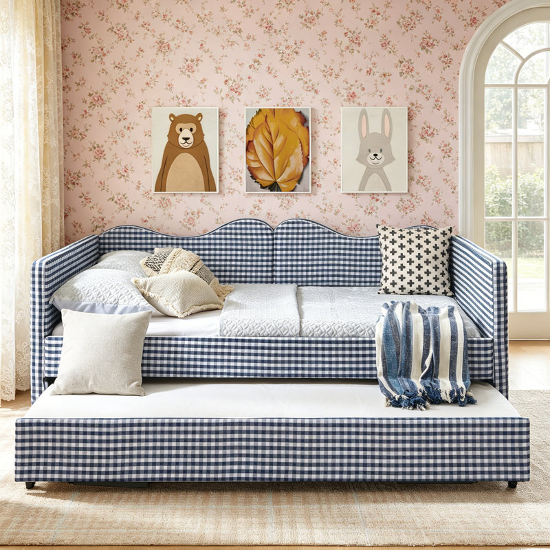 Lit de jour double, lit de jour rembourré en vichy équipé d'un cadre de lit gigogne escamotable et d'une poche de rangement latérale, canapé-lit multifonctionnel en bois massif pour chambre d'enfant et chambre d'amis - bleu
