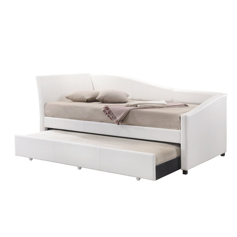 White Faux Leather Twin Upholstered Daybed with Trundle