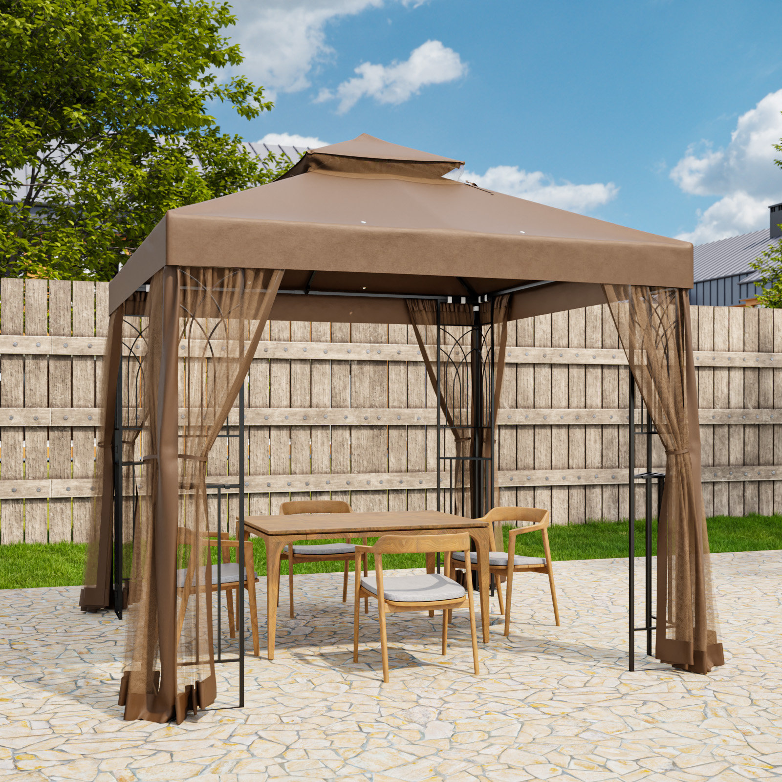 INTER HUT 8 Ft. W x 8 Ft. D Patio Steel Soft top Double Roof Gazebo ...