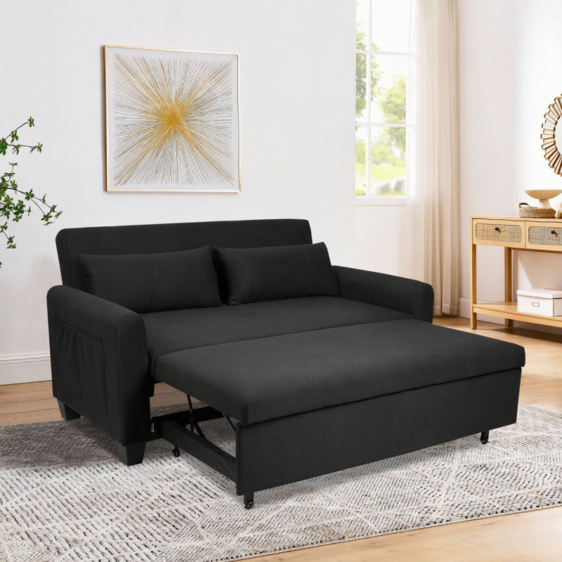 Très grand canapé-lit en tissu 2 en 1 de 61 po, canapé double avec sac de rangement, structure en fer renforcé, dossier et coussins réglables, convient aux chambres à coucher, aux salons et aux espaces extérieurs.