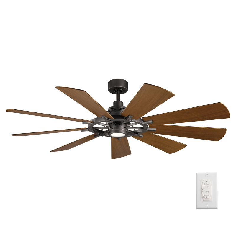 Kichler Gentry 65" 9 - Blade LED Windmill Ceiling Fan with Wall Control and Light Kit Included, Anvil Iron