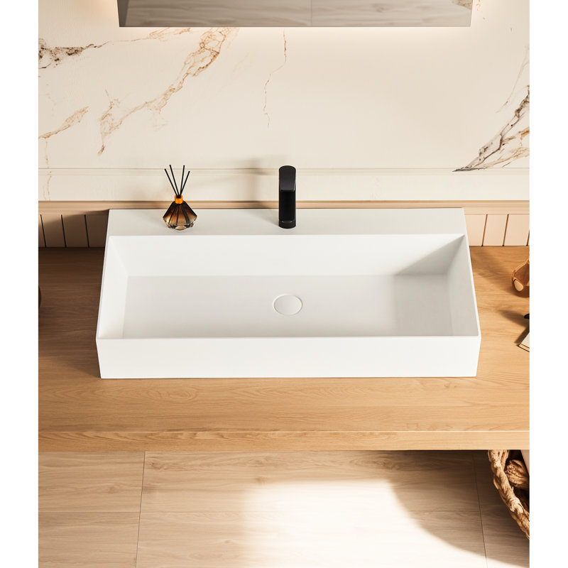 36" X 18" Matte White Wall Mounted Solid Surface Rectangular Vessel Sink With Faucet Hole. Spacious Bathroom For Stylish Bath Themes. Construction Feature. Easy Installation Pledge Rectangle Busy