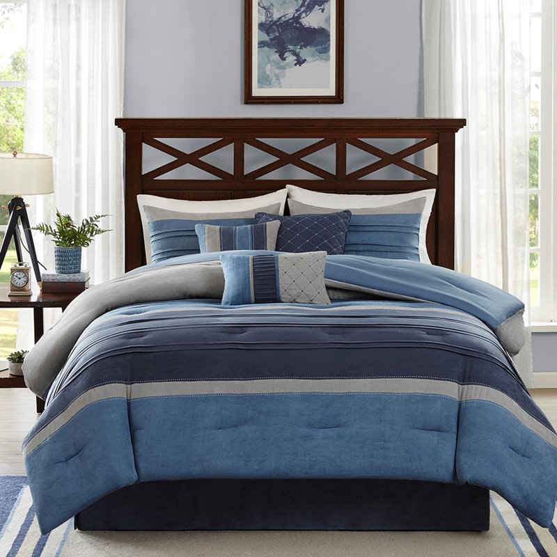 Couette King bleu marine - 7 pièces en microfibre plissée, 2 taies d'oreiller, 1 coussin décoratif. Garnissage en microfibre, lavable à la machine. Comprend une couette, 3 oreillers et un cache-sommier.