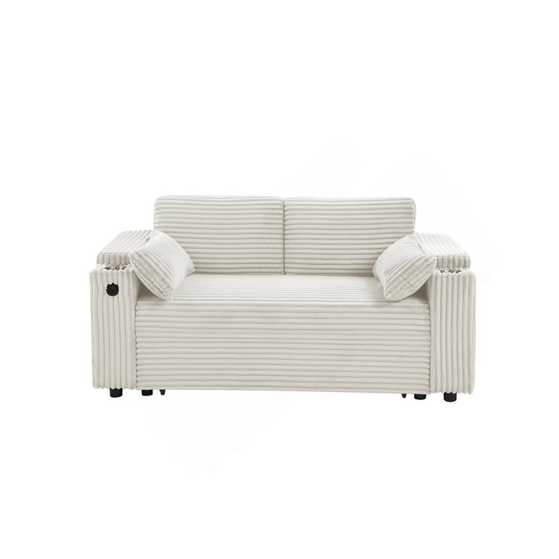 Canapé-lit beige avec causeuse avec accoudoirs de rangement et port USB, Beige