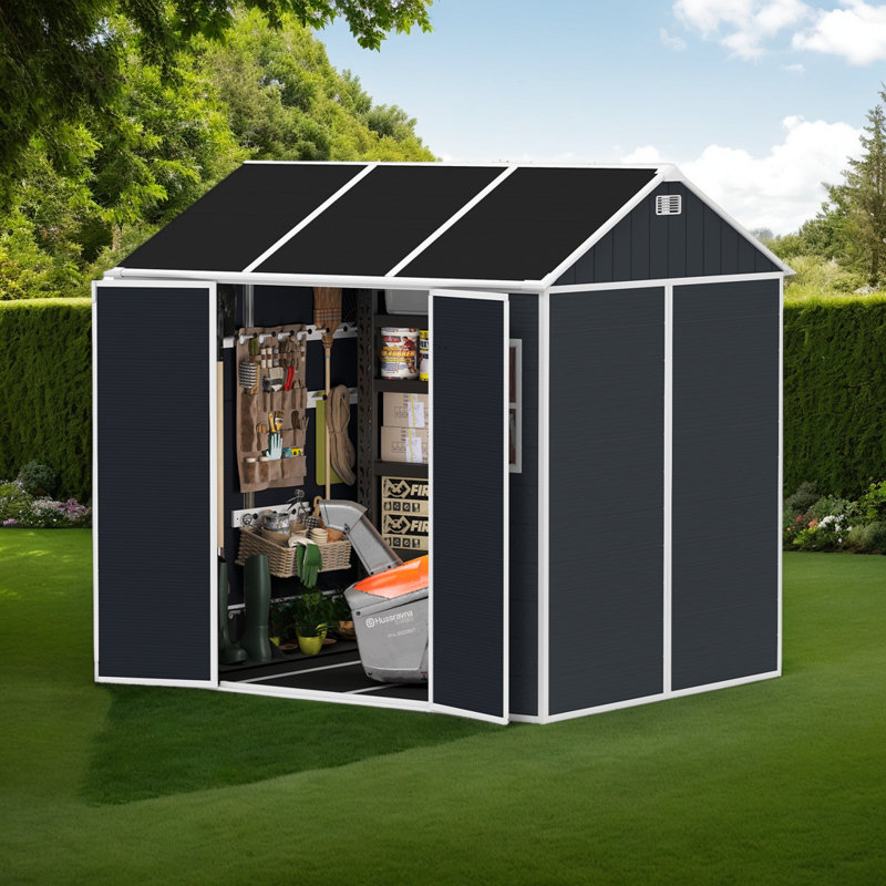 Remise de rangement extérieure en résine 8 x 7 pi avec deux fenêtres, portes doubles et plancher