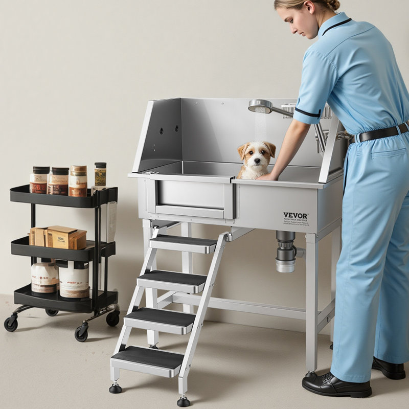 34" Dog Washing Station, Stainless Steel Pet Grooming Tub Bathtub, Professional Dog Wash Sink with Shower, Faucet, Soap Holder, Non-Slip Stairs Easy-Clean Design for Small Pets Cats (Left Door)