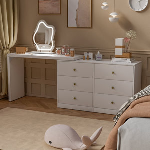 Latarius Vanity Desk with Lighted Mirror, Extendable Vanity Table with 6 Drawers, 3 Color Lighting Modes