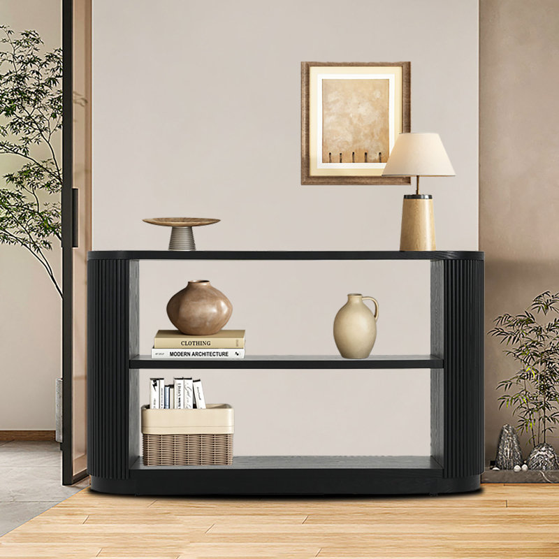 Console moderne en bois avec bords arrondis, tablettes de rangement ouvertes et conception rainurée verticale, Noir