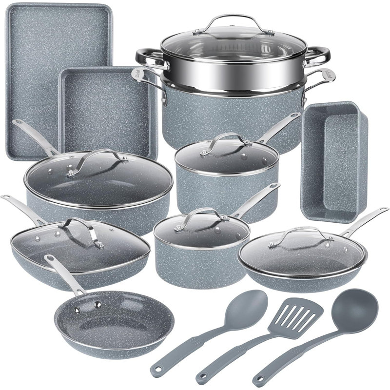 Batterie de cuisine antiadhésive en céramique 20 pièces avec ustensiles de cuisson et ustensiles Granitestone, Gris