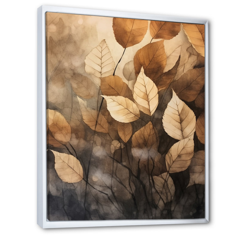 Art mural sur toile botanique, impression de feuille beige brun - Harmonie des feuilles beige brun, Cadre flottant blanc