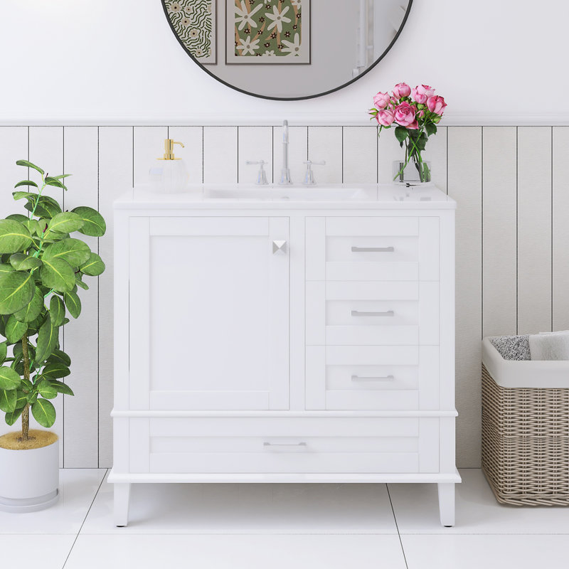 36 po Ensemble de meuble-lavabo autoportant avec lavabo supérieur intégré en céramique, 3 tiroirs, Blanc / argenté