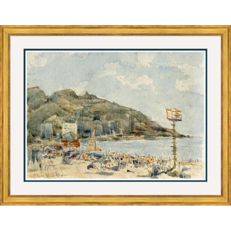 «Cote D'azur» - Peinture encadrée sur papier, H 28,5 po x l 36,5 po x P 1,13 po, Or, Blanc