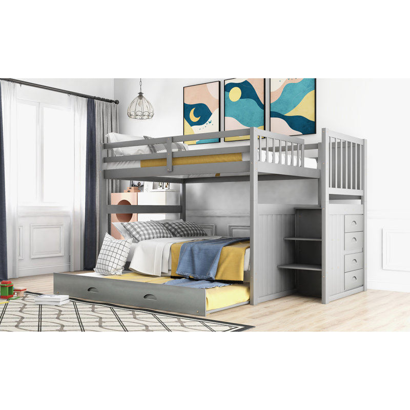 Lit superposé double gris avec lit gigogne simple, rangement à 4 tiroirs pour les nécessités, accès sécuritaire et facile, structure en pin robuste, couleur de taille sans sommier, dans la section d'escalier, ensemble de lattes, famille convenable