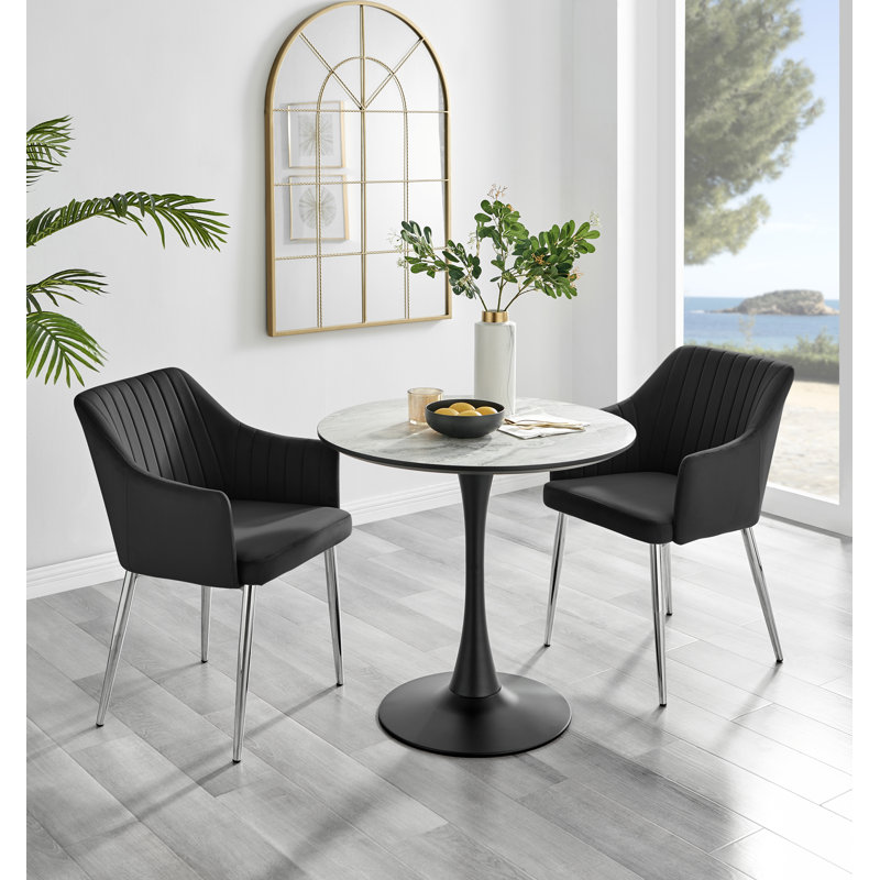 White Marble Effect Round Dining Table And 2 Luxury Velvet Dining Chairs, Black/Silver