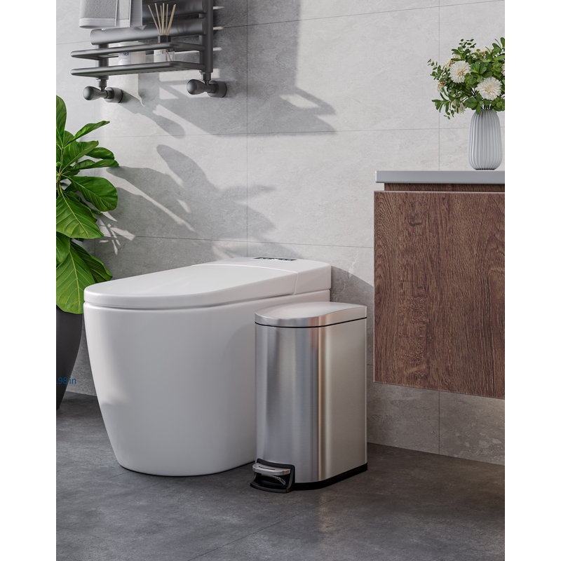 Stainless Steel Bathroom Trash Can with Lid, Slim Waterproof Garbage Can for Bedroom, Small Step-On Metal Trash Bin with Inner Bucket, Rear Handle, Soft Close Lid