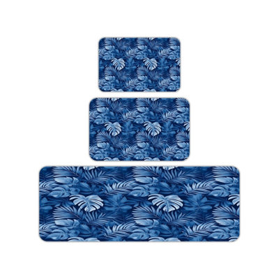 Blue Tropical Leaf Kitchen Rug 3 Piece Set for Kitchen & Patio
