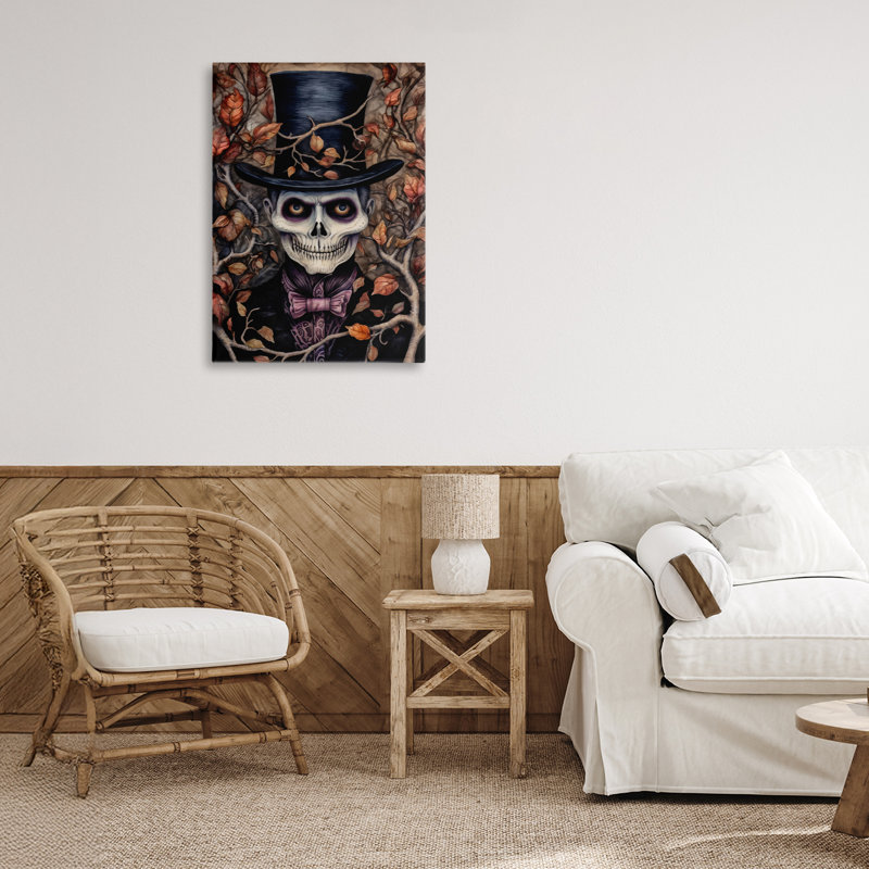 Toile Spooky Skeleton avec feuilles, design par The Dutch Lady, H 24 po x l 16 po