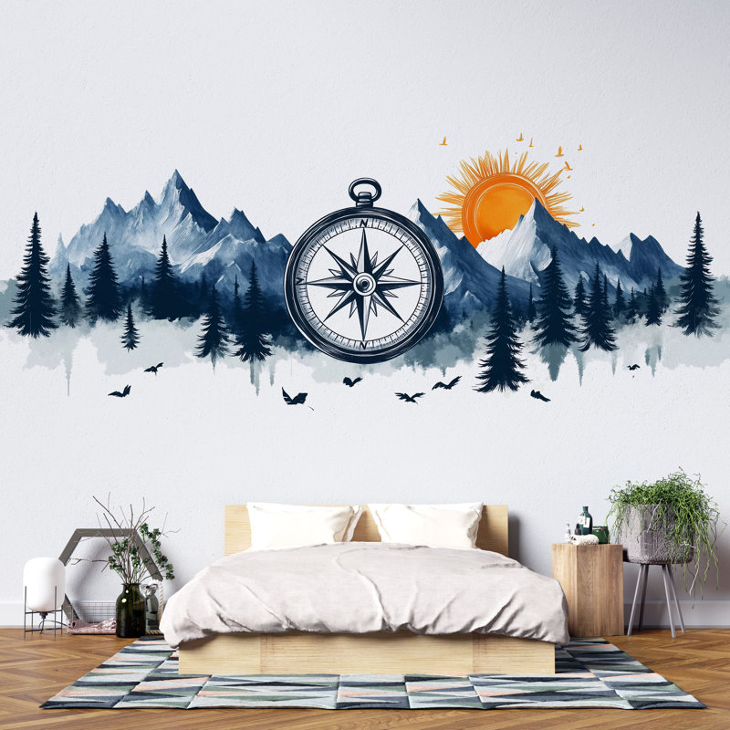 Mountain Compass Wall Decal, Adventure Wall Sticker, Forest Wall Art, Bedroom Wall Mural, Nature Travel Decor, 539Mv