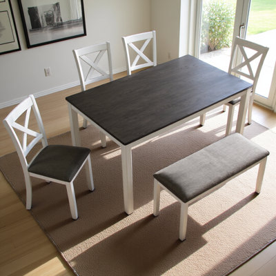 6-Piece Dining Table Set with Bench, Wood Dining Table Set for 6, Modern 6-Person Dining Table Set for Dining room, Kitchen, Grey & White two tone