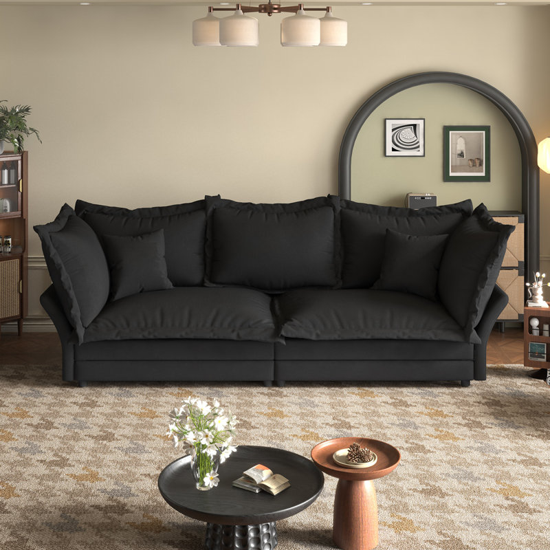 90.55" Modern Sofa Comfy Upholstered Sofa Cloud Couch Convertible Deep Seat Chaise Longue, Black