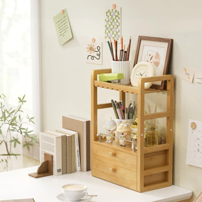 Organisateur de comptoir de salle de bain en bambou, organisateur de maquillage à 2 niveaux avec 2 tiroirs, rangement pour meuble-lavabo, station de matcha pour café, tablette compacte pour le bureau de la cuisine