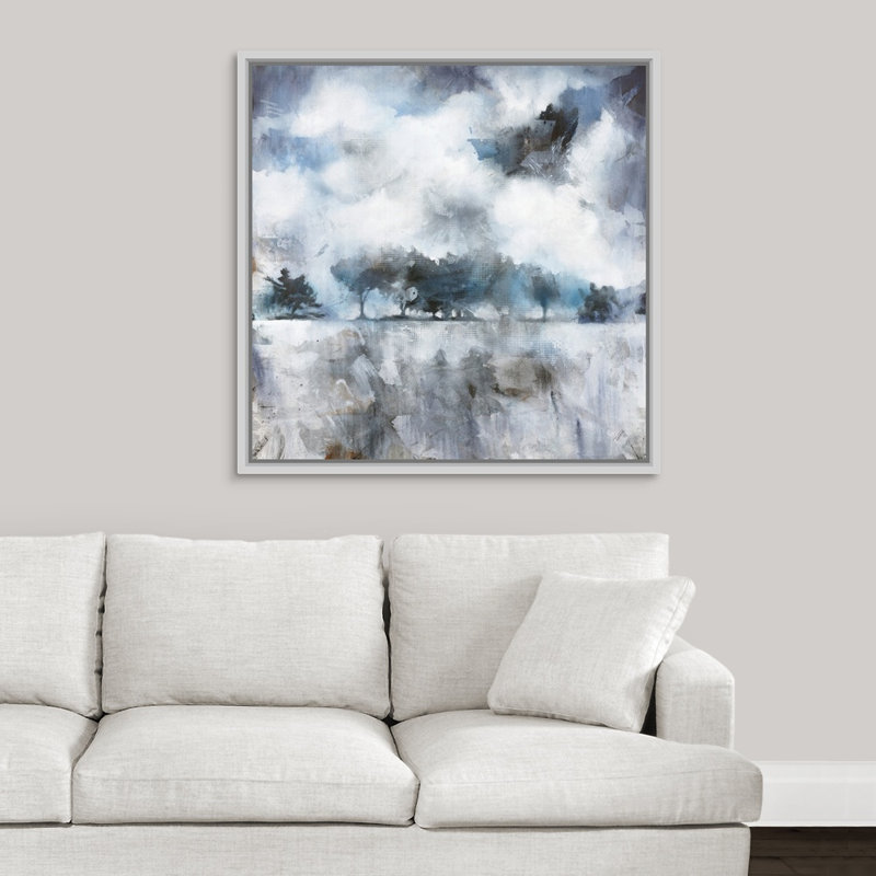 « obscurcied blues », peinture sur toile, H 37,7 po x l 37,7 po x p 1,75 po, Cadre flottant blanc