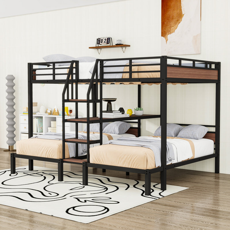 Metal Bunk Bed With Shelves And Slats, Queen over Twin and Twin