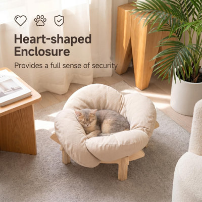 Elevated Wooden Cat Bed with Heart Shape Cushion, 14.96" × 5.91" × 12.99", Supports Small & Medium Cats Up to 20 Lbs, Raised Pet Sofa Bed, Washable Soft Cotton Mat for Indoor Kitten