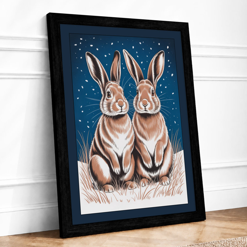 Rabbits In Winter Night Scandinavian - Print, A1 - 84.1 x 59.4 cm, Black