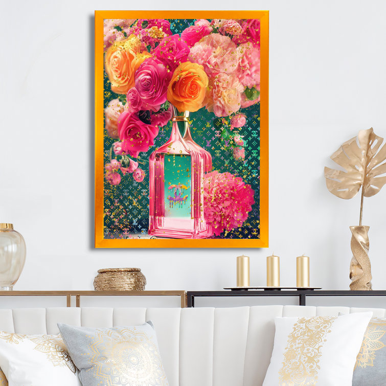 Red Barrel Studio® High Fashion Perfume Bottle Vase With Flowers II Framed  On Canvas Print
