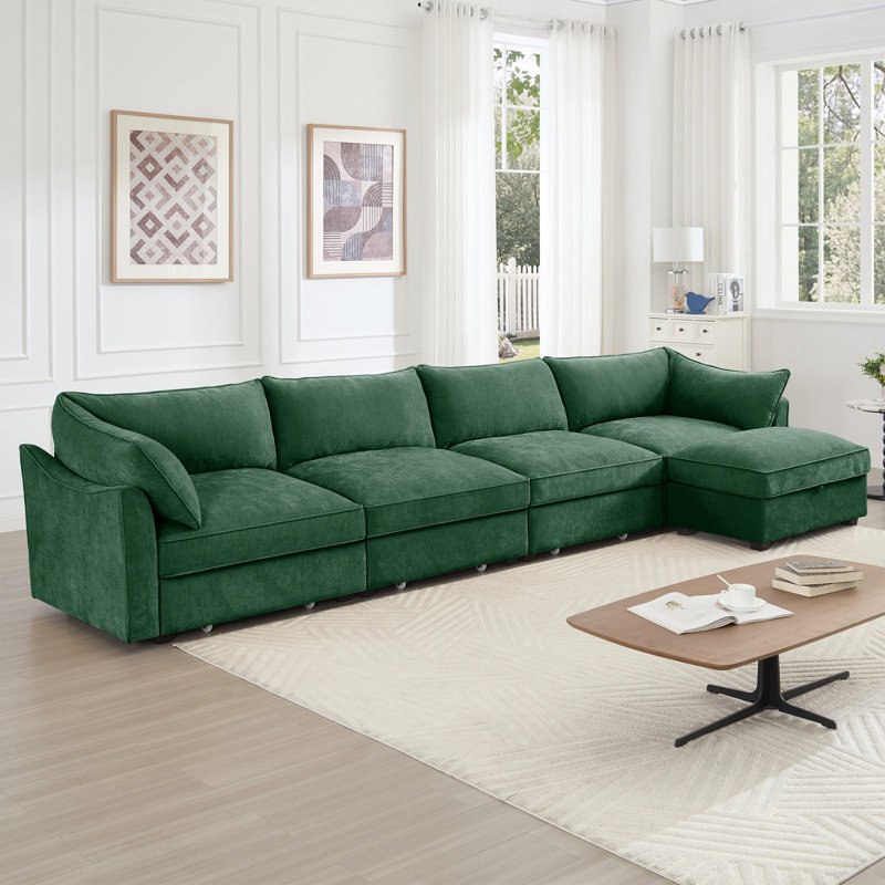 Hartsdale Chenille Sectional Sofa with Movable Ottoman & Storage Drawers, Green Chenille, 31.4" H x 146.4" W x 34.2" D