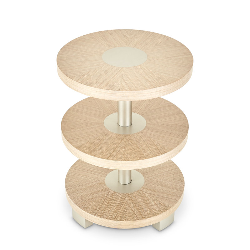 Beige and Gold Round Wood and Metal Chairside Table