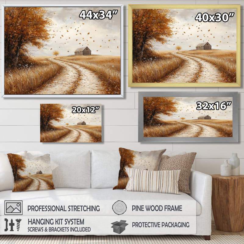 Drews Windy Prairie Leaves Path To The Barn II - feuilles, art mural, H 30 po x l 40 po, Impression encadrée flottante, Doré