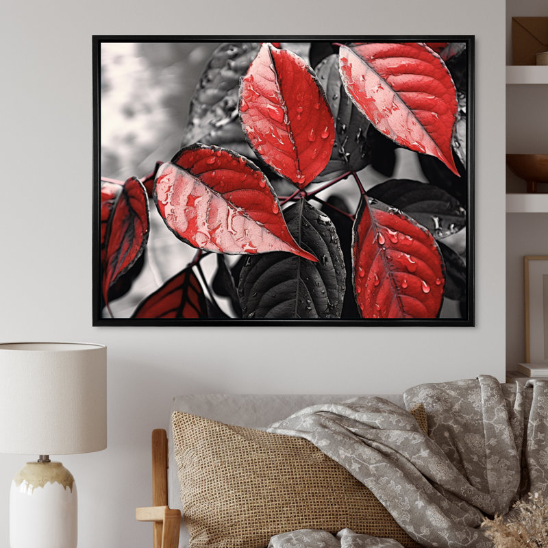 Feuilles rouges et grises sur un arbre V, H 34 po x l 44 po x P 1,5 po, Cadre flottant noir